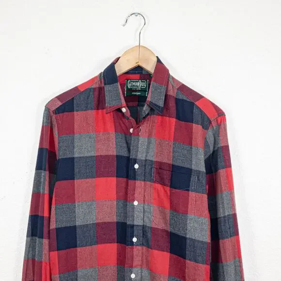 Gitman Bros Vintage Red Gray Check Flannel Shirt 100% Cotton size Small